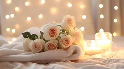 Fototapeta na wymiar Soft White Roses and Fairy Lights in Cozy Ambience