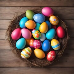 Fototapeta na wymiar Colorful painted Easter eggs on wooden background. Happy Easter