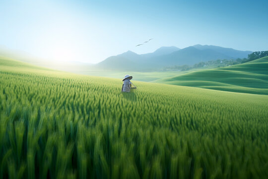 A farmer in a large rice field