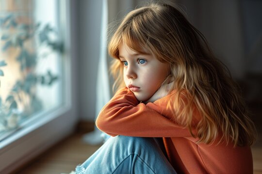 sad child sitting in living room floor, watching outside the window