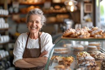 Portrait of a female pastry shop owner - obrazy, fototapety, plakaty