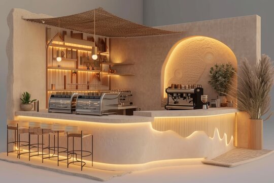 Cafe space with a color scheme inspired by desert sands, incorporating natural textures and warm lighting for an inviting atmosphere