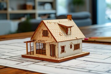Obraz na płótnie Canvas Model house on architectural blueprints