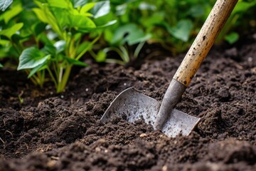 Shovel in dirt preparing soil for garden plants