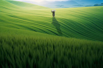 A farmer in a large rice field