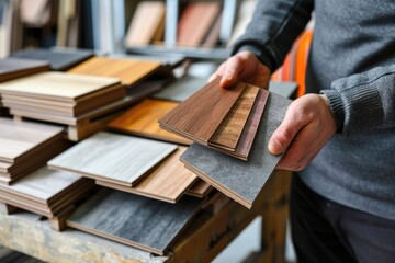 Man selecting laminate wood samples in a hardware store - obrazy, fototapety, plakaty