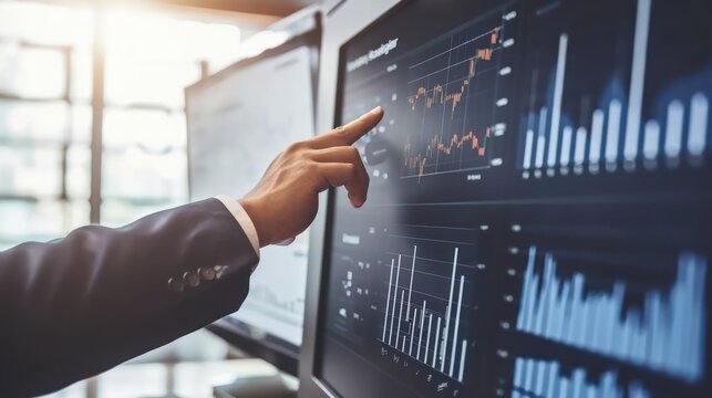 Project Manager Presenting Data on Computer Screen With Graphs Generative AI