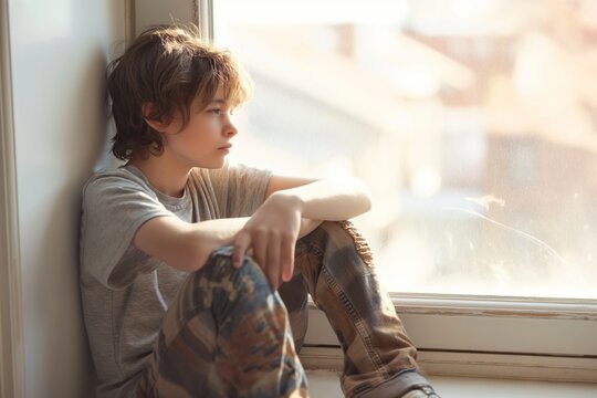a sad boy sitting on a window sill and looking out