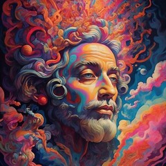 Psychedelic art of a god, in a colorful background. Human portrait AI generated art.  