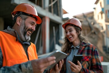 a photo of man smiling, working on a tablet, next to a smiling woman talking and holding a mobile phone in her hand, on a construction site