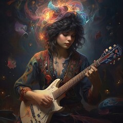 A woman playing an electric guitar, magical illustration, musical experience.