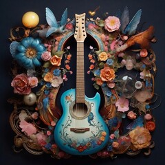 Guitar surrounded by flowers, music is the life, Image of an electric guitar.