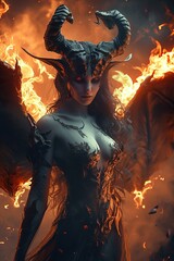 devil woman with horns and wings in an atmosphere of fire