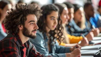 Fototapeta premium Group of People Sitting at Desks in a Classroom for Diverse University Generative AI
