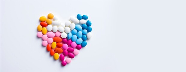 heart shaped close up Top view of different coloured pills and capsules a isolated on light background  horizontal background, copy space. Minimal medical concept. Pharmaceutical,Drugs and medicines