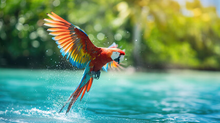 flying parrot in water