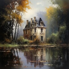 Fototapeta premium Generative AI Painting with picture trees country pictures