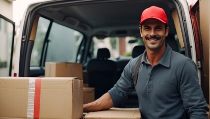 Delivery courier service. Delivery man in red cap and uniform holding a cardboard box near a van truck delivering to customer home. Smiling man postal delivery man delivering a package.
