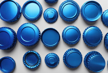 blue metallic bottle caps set, lids, isolated on white background