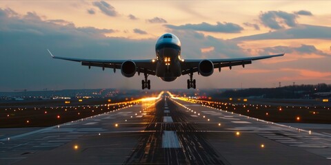 Commercial airliner passenger plane fly down over landing at sunset, travel transport concept - obrazy, fototapety, plakaty