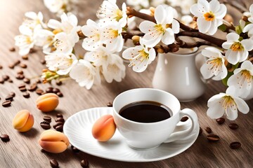 Fototapeta na wymiar Apricot flowers and coffee cup with easters