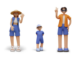 3D characters in blue summer clothes, front view. Family on vacation. Dad, mom and baby in cartoon style. Concept of tourism, vacation. Templates for friendly web design