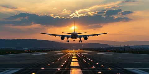 Fototapeta na wymiar Commercial airliner passenger plane fly down over landing at sunset, travel transport concept