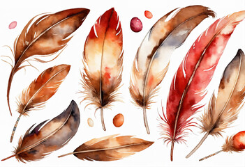 watercolor illustration, brown red boho feather set, easter clip art, tribal accessories, design