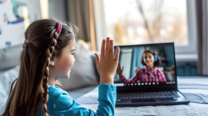 Little Girl Engaged in Online E-Learning Sitting in Front of Laptop Generative AI