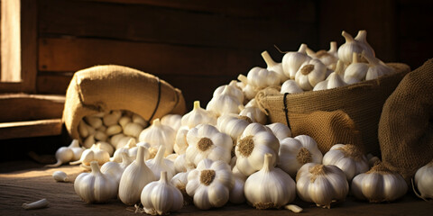 garlic on wooden table, Garlic background, Ripe garlic in a wooden box, Fresh garlic in a wooden bucket, pile of galic on the wooden background