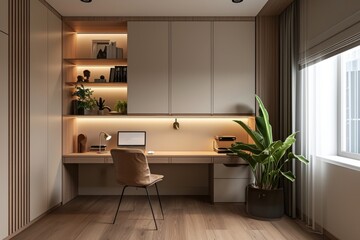Contemporary minimalist study room with built-in storage, a minimalist desk, and a muted color palette