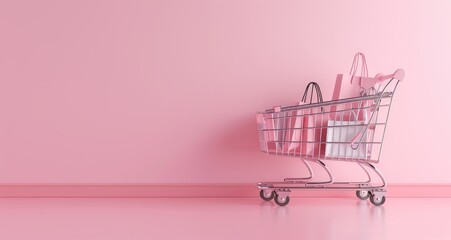A shopping cart with colorful bags on a light blue background, symbolizing convenient shopping and variety in consumer choice. Ai generated