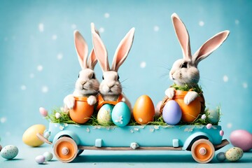 Adorable Easter bunnies riding in a tiny carrot car, with Easter eggs strapped to the roof, on a whimsical light blue backdrop.
