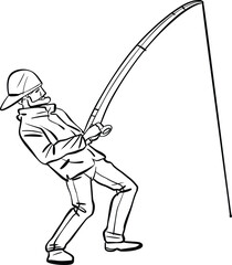 Cartoon Fisherman with a Bent Fishing Rod