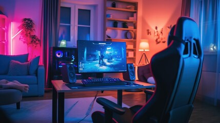 Gaming Chair and Computer Desk Ultimate Neon Gamer System Setup Generative AI