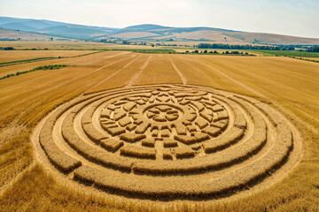 Alien crop circle in wheat field, artist impression, conspiracy theory, UFO