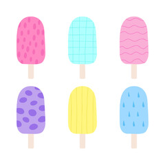 Set of tasty ice creams. Sweet summer delicacy sundaes,gelatos with different tasties,collection isolated ice-cream cones and popsicle with different topping.Vector illustration for web,design, print.