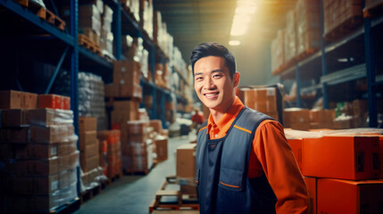 Professional loader is Chinese man in warehouse with cardboard boxes of goods on shelves. Smiling uniformed loader demonstrates his willingness enthusiasm to do his job. Logistics, storage, delivery.