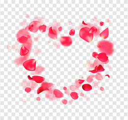 Flying rose petals in the shape of heart on transparent background. Vector illustration.