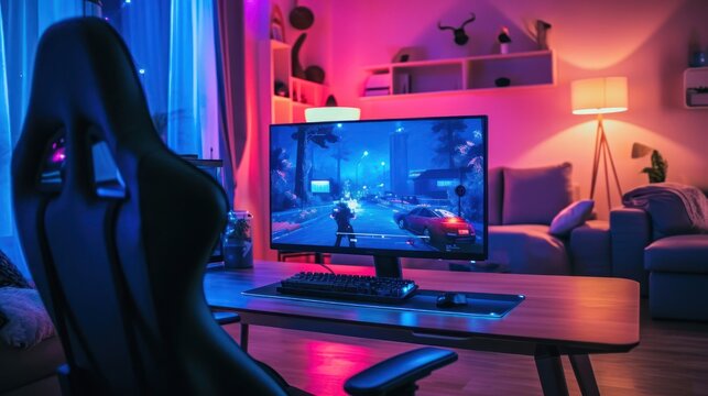 Spacious Living Room With Large Screen TV and Gaming Chair Generative AI