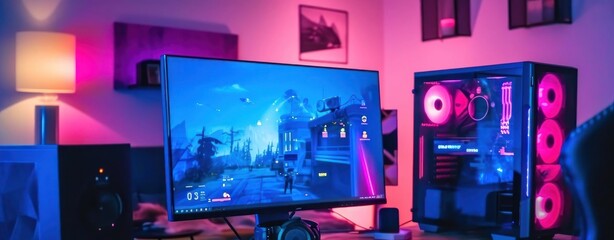Person Sitting in Front of Computer Monitor Using Neon Gamer Gaming Generative AI