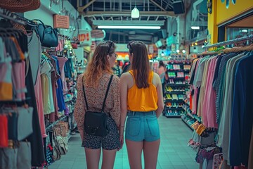 Obraz premium Two friends enjoy a fun shopping trip together, sharing opinions on trendy clothes in a cozy boutique. Ai generated