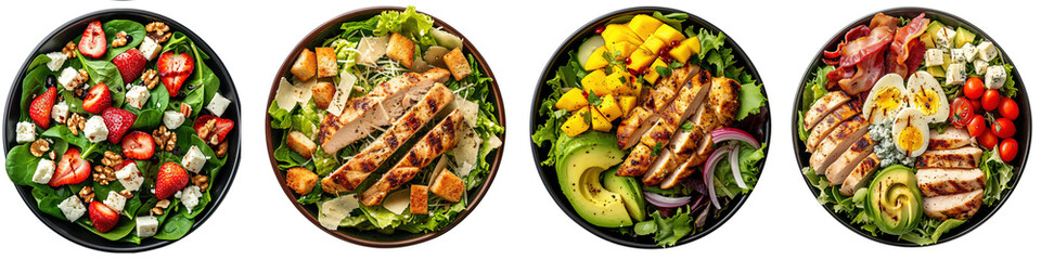 Salad plates with green leaves mix and vegetables with avocado or eggs, chicken and fruits on...