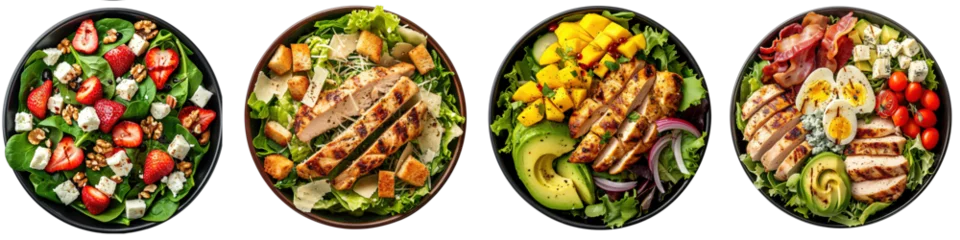 Foto op Aluminium Salad plates with green leaves mix and vegetables with avocado or eggs, chicken and fruits on transparent background. Generative AI © Jugoslav