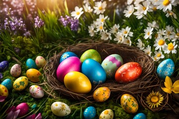 Fototapeta na wymiar Vibrant Easter eggs hidden among blossoming flowers in a lush garden, inviting the joy of an egg hunt during the spring celebration.