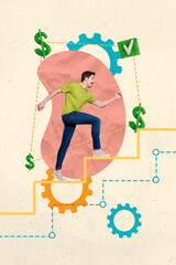 Vertical collage picture illustration happy excited successful young man worker money stairs...