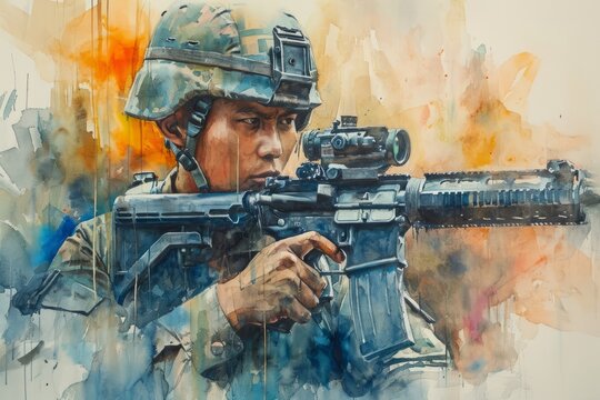 Modern soldier of Bangladesh. War history of Bangladeshi in watercolor colors Illustration. Bangladesh history watercolor paint Illustration. Horizontal format