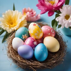 Obraz premium Colorful easter eggs and spring flowers on a blue background - easter spring theme
