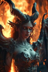 Fototapeta premium devil queen with horns and wings in an atmosphere of fire