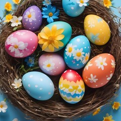 Fototapeta na wymiar Colorful easter eggs and spring flowers on a blue background - easter spring theme